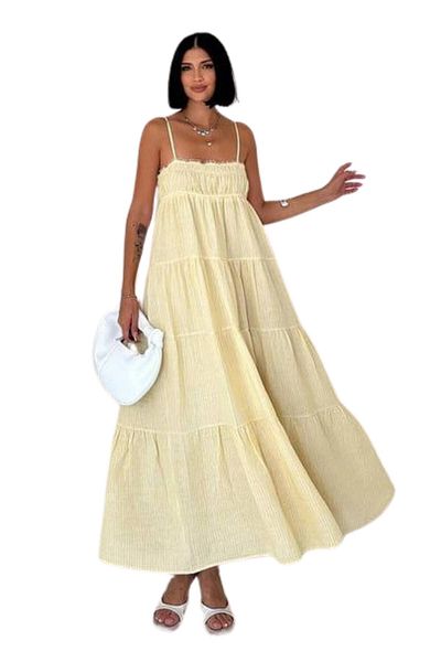 Moda Amore Rochie de vară din in - Rochie de damă cu dungi cu bretele și detalii Gipe 4201
