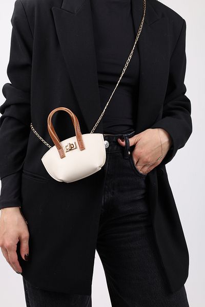 NOTHING Γυναικεία Tan Cream Τσάντα, Γούρι, Αλυσίδα, Χρυσή Κλειδαριά με λουράκι, Λεπτομερής Μίνι Μέση, Τσάντα ώμου Hera