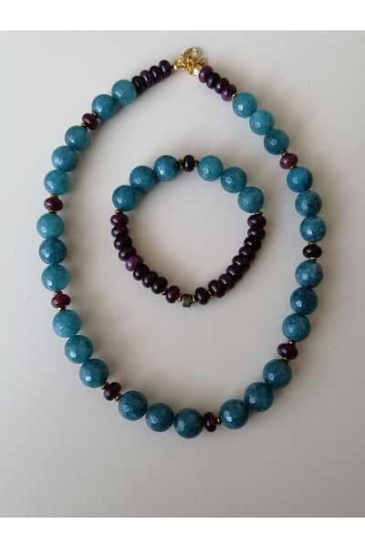 LemaStone Natural Stone Necklace,Bracelet Set (Blue Ceyt Quartz and Lal Garnet Stone)