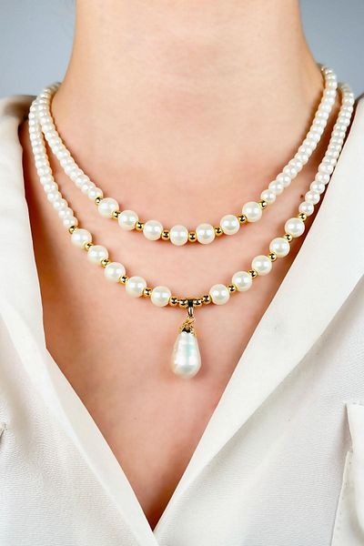 Sose Moda Real Pearl End Two Rows Doric Pearl Necklace - White