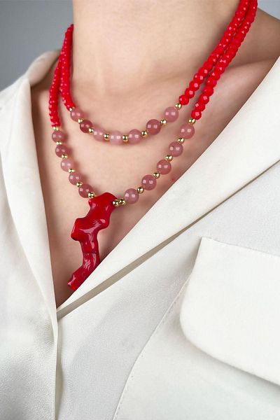 Sose Moda Coral Tipped Natural Stone Necklace in Two Rows - Red