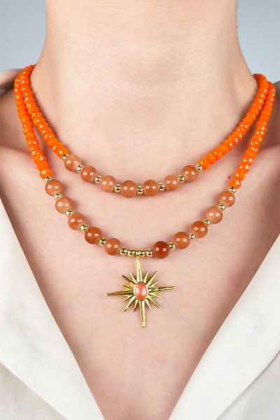 Sose Moda North Star Two Row Doric Pearl Necklace with Pendant - Orange