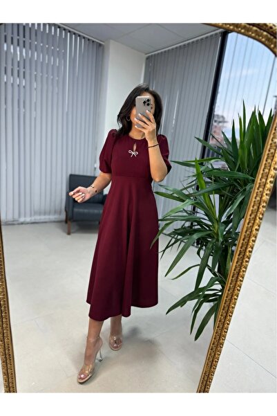 Afiş Butik Fiyonk Detaylı Göğüs Dekolteli Yarım Kollu Midi Elbise