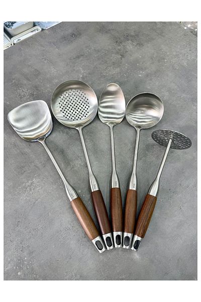 AROW Luxury Acacia Handle Steel 5 Piece Serving Set