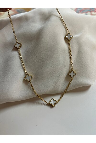 PONÇİK ACCESSORİES Çelik Gold Rengi Çift Taraflı Beyaz Taşlı 5 Yoncalı Kolye