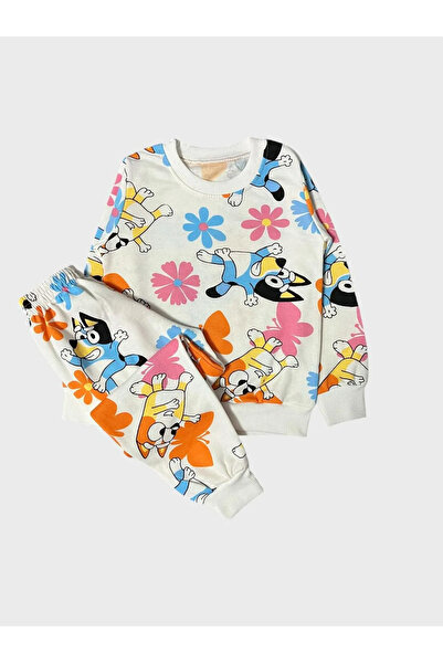 TOFU KİDS (New Season) Girls' Cotton Raster White Bluey Print Long Sleeve Seasonal Pajamas Set
