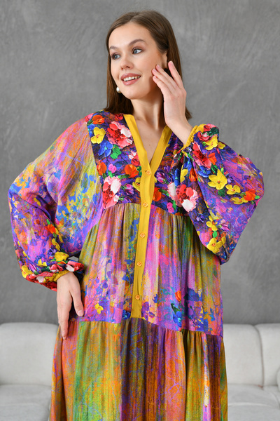 WOMAN VISION Μωβ φλοράλ στάμπα με κουμπιά γιακά με μπαλόνι μανίκι μεσαίου μήκους φαρδύ φαρδύ καλοκαιρινό φόρεμα 3412