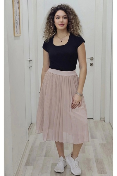 lodmela Elastic Waist Pleated Skirt 6018-Powder