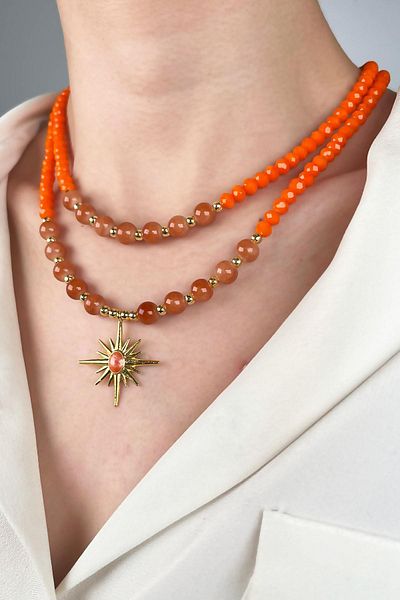 Sose Moda North Star Two Row Doric Pearl Necklace with Pendant - Orange