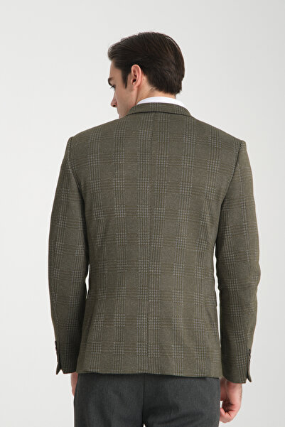 Frappoli Eleventy Erkek Haki Likralı Pamuk Karışımlı Ekose Desenli Slim Fit Spor Blazer Ceket