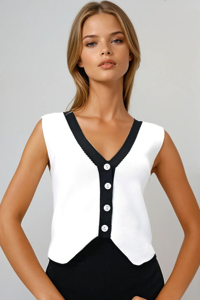 VAGGON Women's White V-Neck Color Block Knitwear Vest Prmx13379