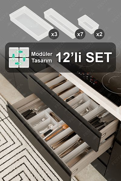 Fesya Home ORIGAMI 12 τεμαχίων Modular Spoon Fork Knife Drawer Organizer Εσωτερική οργάνωση - Διαφανές 2O-7B-3XL