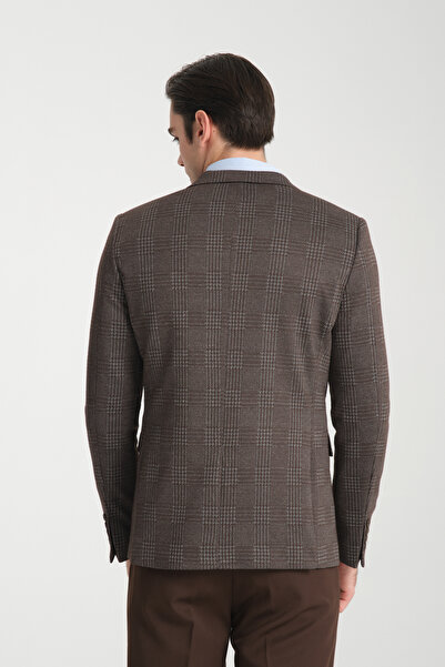 Frappoli Eleventy Erkek Kahve Likralı Pamuk Karışımlı Ekose Desenli Slim Fit Spor Blazer Ceket