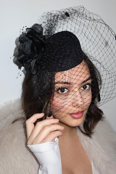 TAKIŞTIR Siyah Renk Çiçek Detaylı Nikah Şapkası/Vualet Şapka