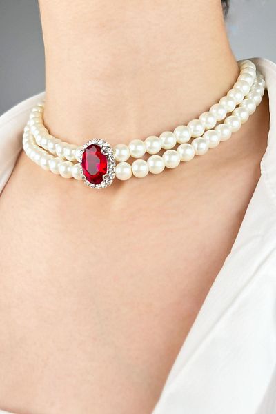 Sose Moda Crystal Tip Pearl Choker Necklace - Red