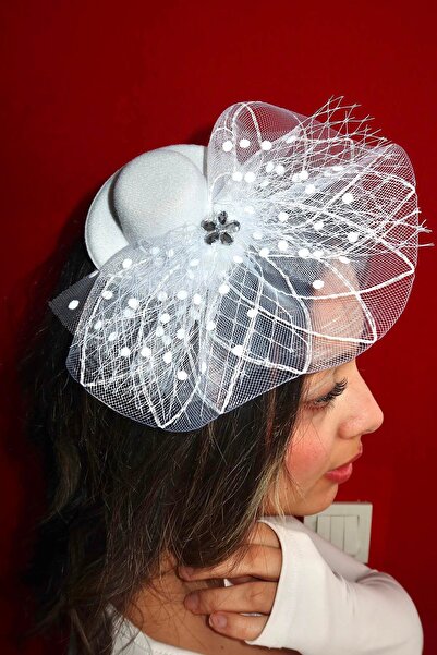 TAKIŞTIR Beyaz Renk Çiçek Detaylı Nikah Şapkası/Vualet Şapka