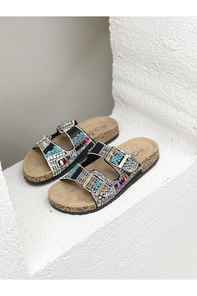 Guja 25Y102-2 Double Buckle Stone Cork Sole Slippers Women
