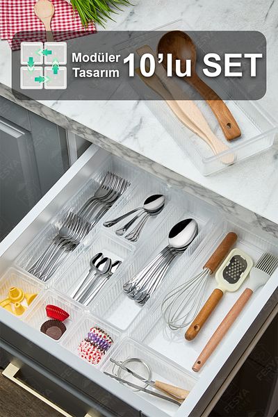 Fesya Home ORIGAMI 10 τμχ Modular Spoon Holder Fork Knife Drawer Organizer Εσωτερική οργάνωση - Διαφανές 3K-3O-2B-2XL