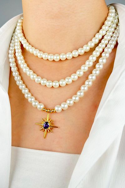 Sose Moda Purple Stone North Star Three Row Pearl Necklace - White