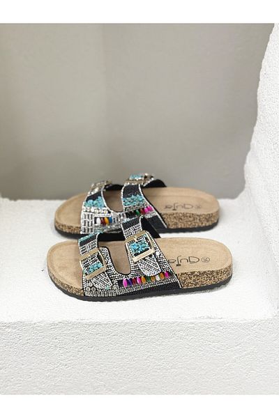 Guja 25Y102-2 Double Buckle Stone Cork Sole Slippers Women