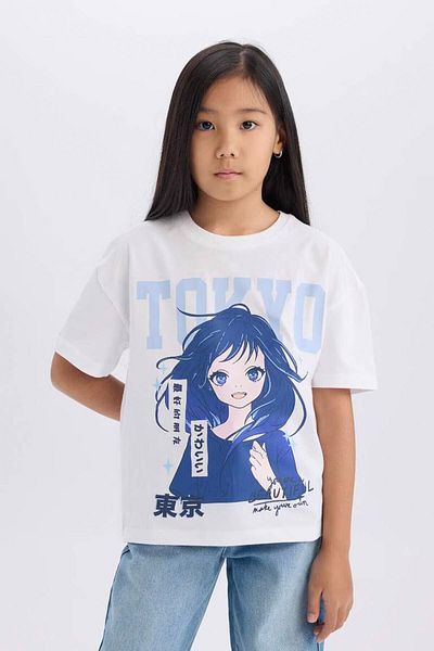 DeFacto Relaxed Fit Crew Neck White Girl's T-Shirt D8555A8/Wt34