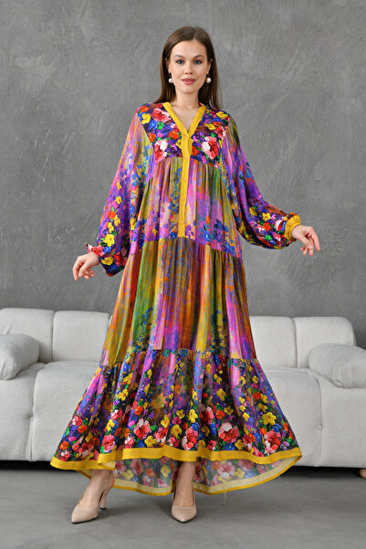 WOMAN VISION Μωβ φλοράλ στάμπα με κουμπιά γιακά με μπαλόνι μανίκι μεσαίου μήκους φαρδύ φαρδύ καλοκαιρινό φόρεμα 3412