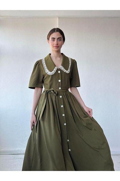 Retrobird Lace Betty Maxi Μακρύ Φόρεμα - Σχέδιο της δεκαετίας του 1950 Γυναικείο Χακί