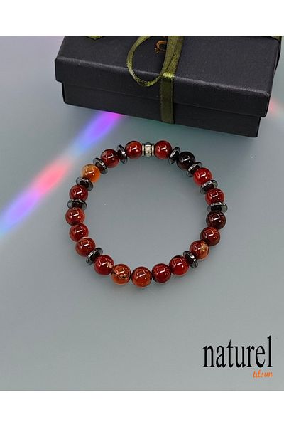 Naturel Tılsım Agate-Hematite Natural Stone 8mm Unisex Bracelet