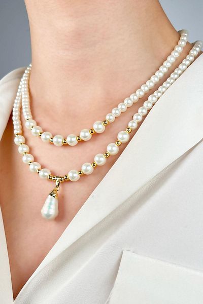 Sose Moda Real Pearl End Two Rows Doric Pearl Necklace - White