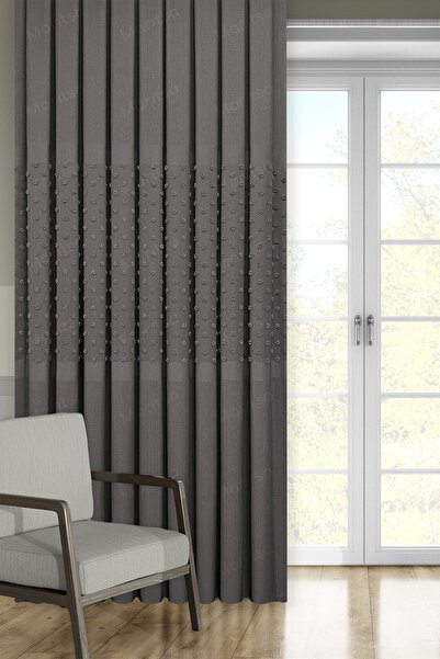 MARİTSA Fon Perde - Keten Serisi Pano Ponpon Desen Antrasit Sık Pile(1x3) Cur...