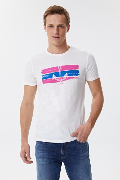 Lee Cooper Ανδρικό μπλουζάκι από 100% βαμβάκι με λαιμόκοψη σε λευκό χρώμα