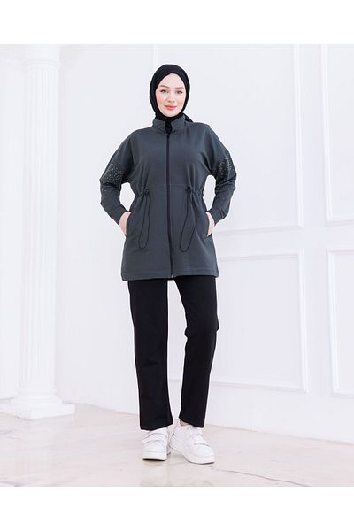 Dabenti women style Women's Sleeve Stone Zippered Bottom-Top Tracksuit Set