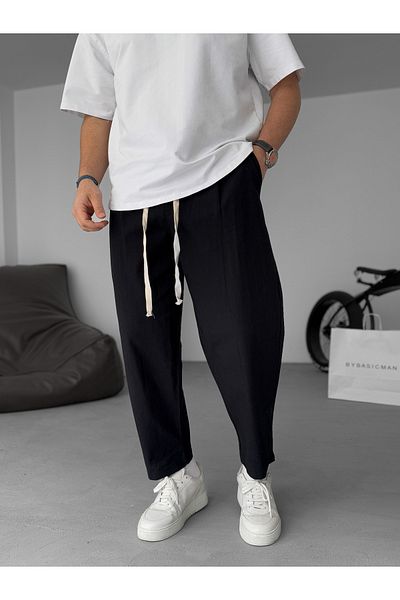 BYBASICMAN بنطلون كتان أسود فضفاض JJ-181