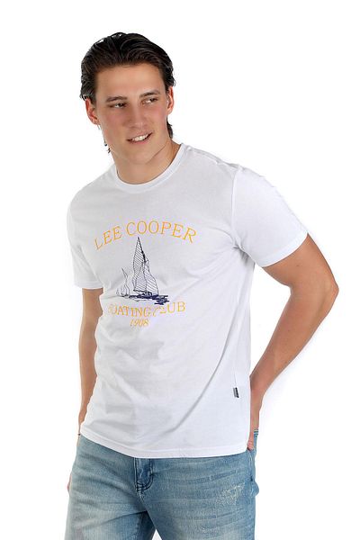 Lee Cooper تي شيرت ويلي رجالي قطن 100% برقبة دائرية باللون الأبيض