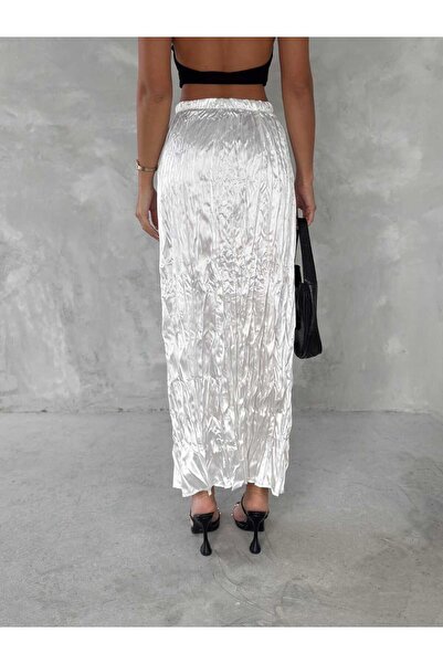 Butik Fusta lungă din satin pentru femei Merrline, albă, 100% țesut premium, cu talie încrețită