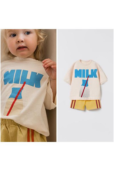 Magu Unisex Kids Milk Printed Cotton Short Sleeve T-Shirt and Shorts Set