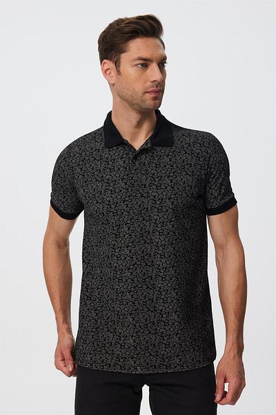 Lee Cooper Мъжка жакардова тениска с поло яка - черна