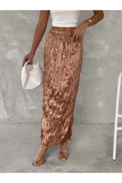 Butik Merrline Women's Metallic 100% Premium Woven Crinkle Elastic Waist Long Length Satin Skirt