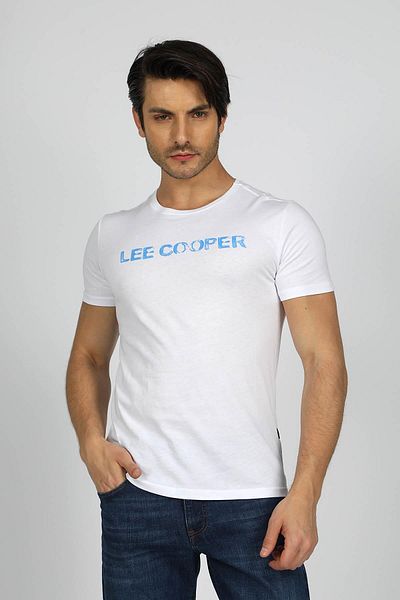 Lee Cooper تي شيرت كارلو رجالي قطن 100% برقبة دائرية باللون الأبيض