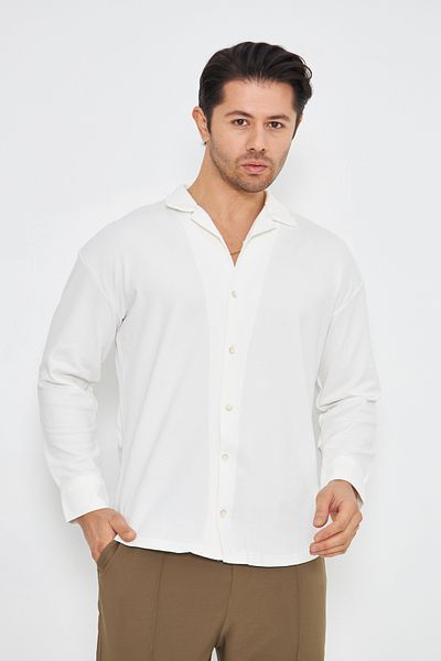 ZİNOX Men's Half Oversize Long Sleeve Apache Collar Iron-Free Crepe Pattern Shirt