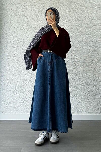 MELEK ARAZ Biye Detay Kloş Denim Kot Etek Modeli