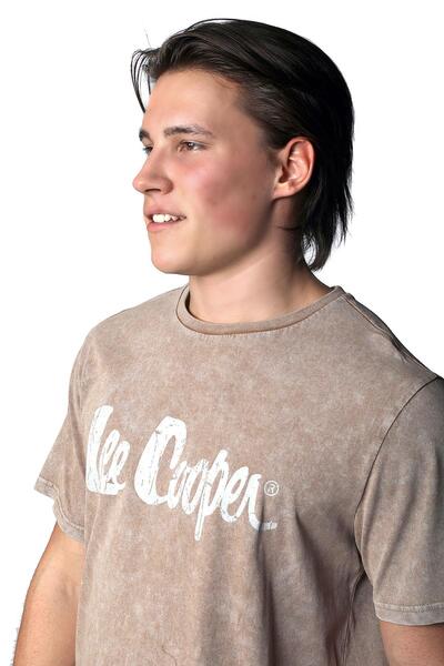 Lee Cooper Νέο ανδρικό μπλουζάκι με λαιμόκοψη από 100% βαμβάκι, καφέ