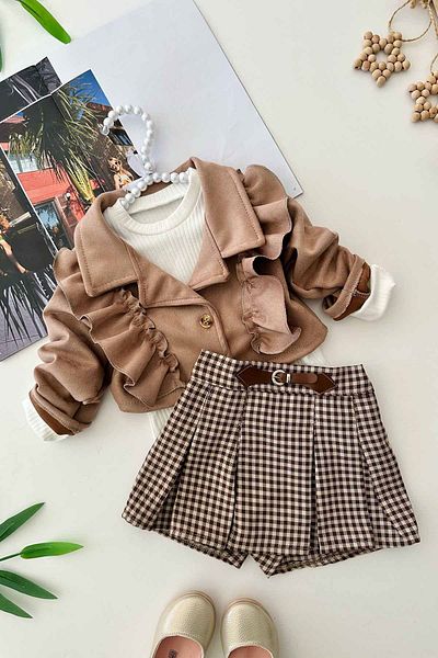 Minigimin Cicileri My Little One's Ciciler Suet Flounce Jacket, Girl's Plaid Shorts and Skirt, Girl's 3-Piece Set - Kahv