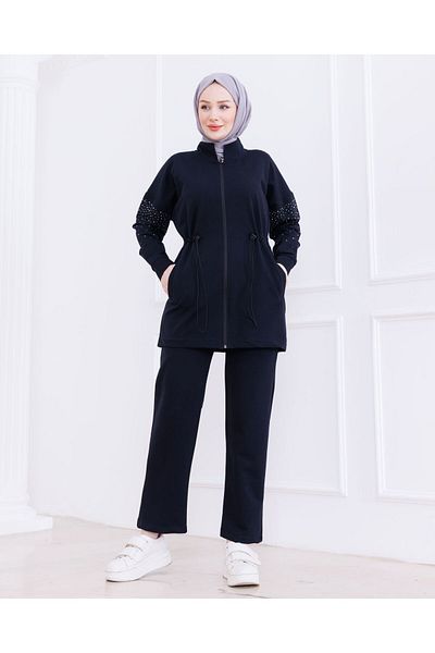 Dabenti women style Women's Sleeve Stone Zippered Bottom-Top Tracksuit Set