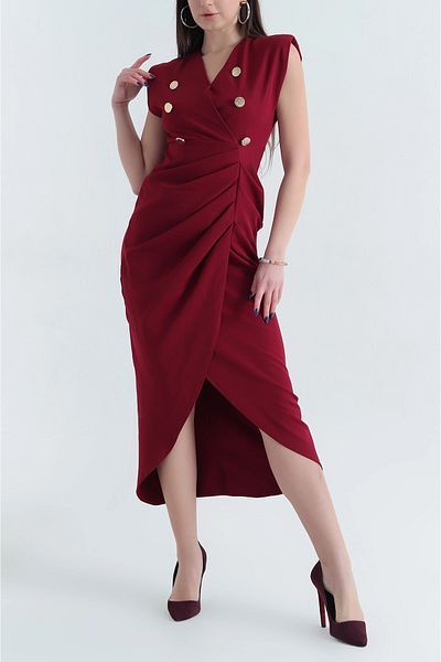 vuvutasarım New Season Burgundy Draped Button Detail Atlas Dress