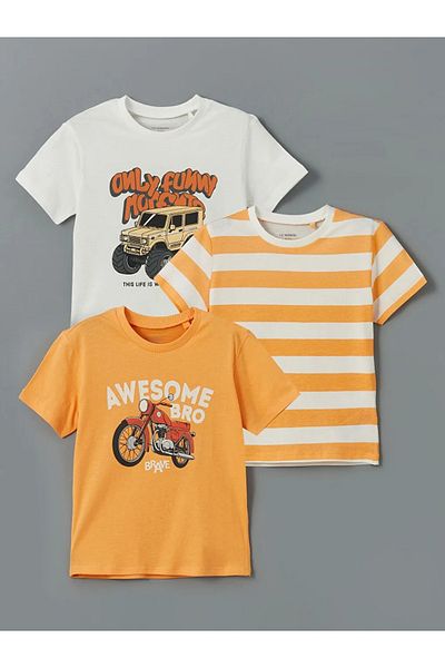 LC Waikiki Lcw Kids Ecru Crew Neck Printed Boys T-Shirt 3Pcs