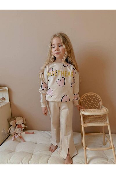 YİGİT BUTİK Yigit Butik Heart Printed Grass Stitched Spanish Leg Girl's Bottom Top Set