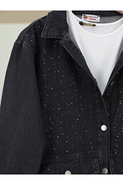 Modamorfo Denim Jacket with Spilled Stone Detail and Flap Pocket - Black