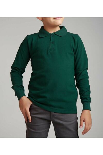 Generic Brand Tricou unisex pentru copii, cu gât polo, cu mânecă lungă, verde...