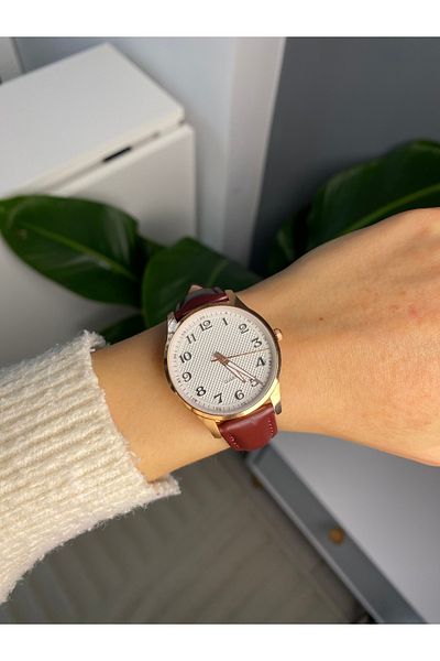 LUNA Eyewear Burgundy Gold Number Women's Minimal Vintage Round Leather Strap Steel Case Retro Wristwatch